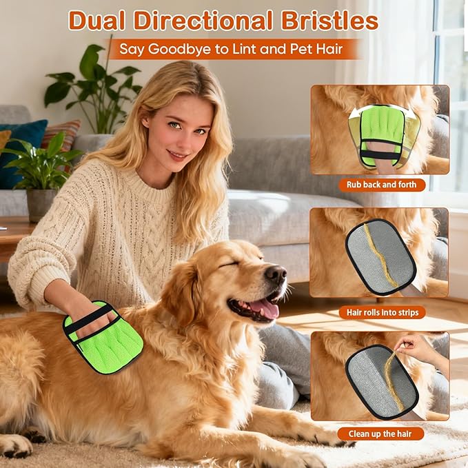 Pet Hair Removal Gloves 2-Pack - Upgraded Five-Finger Electrostatic Cats & Dogs Hair Brush Shedding | Reusable Pet Hair Remover Tool for Laundry, Furniture, Car Seat (Neon Green)
