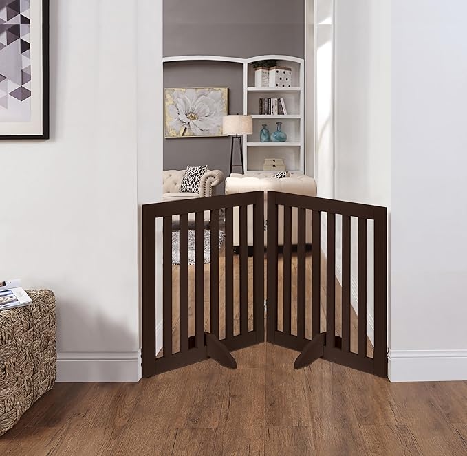 unipaws 24”H Free Standing Pet Gate for Dog Cat, Wooden Dog Gates for Doorway, Stairs, Step Over Foldable Pet Fence for The House, Expandable Doggy Barrier, Indoor Use, Espresso
