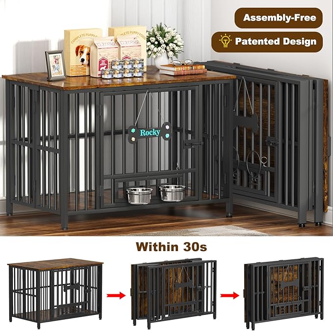 Easycom 41" Dog Crate Furniture Foldable, No Assembly Decorative Dog Kennel Indoor, Dog Crates for Large Dogs(35-60 lb), Wooden Dog Cage with Adjustable Bowls and Name Tag, End Table, Rustic Brown