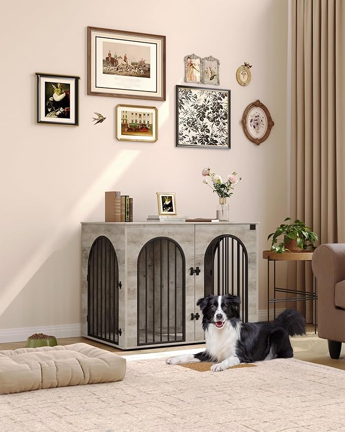 44.1" Wooden Dog Crate Furniture, Indoor Dog Kennel Dogs Cage for Small/Medium/Large Dogs, Heavy Duty Dog Crates Decorative Pet House End Side Table TV Stand, Greige Black DFC83905B
