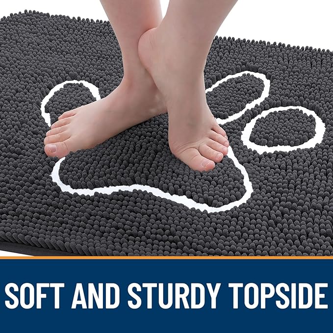 OLANLY Dog Door Mat for Muddy Paws 47x24, Paw Print Design, Absorbs Moisture and Dirt, Absorbent Non-Slip Washable Doormat, Quick Dry Chenille Mud Mat for Dogs, Entry Indoor Entryway Carpet, Dark Grey