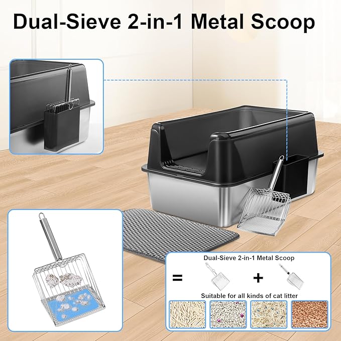 Marchul 2 Pack Stainless Steel Cat Litter Box with Litter Scoop Holder, XL Litter Boxes with Metal Scoop, Litter Mat, Easy to Clean for Indoor Big Cats,High Sides, Multicat Home,Anti-Urine Leakage