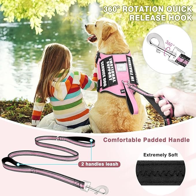 Service Dog Vest Harness and Leash Set+10 Patches,No Pull&Easy Walk Reflective Dog Harness with Soft Padded Handle for Training/Everyday,Fit Small/Medium/Large/Extra-Large Dogs(Pink M)