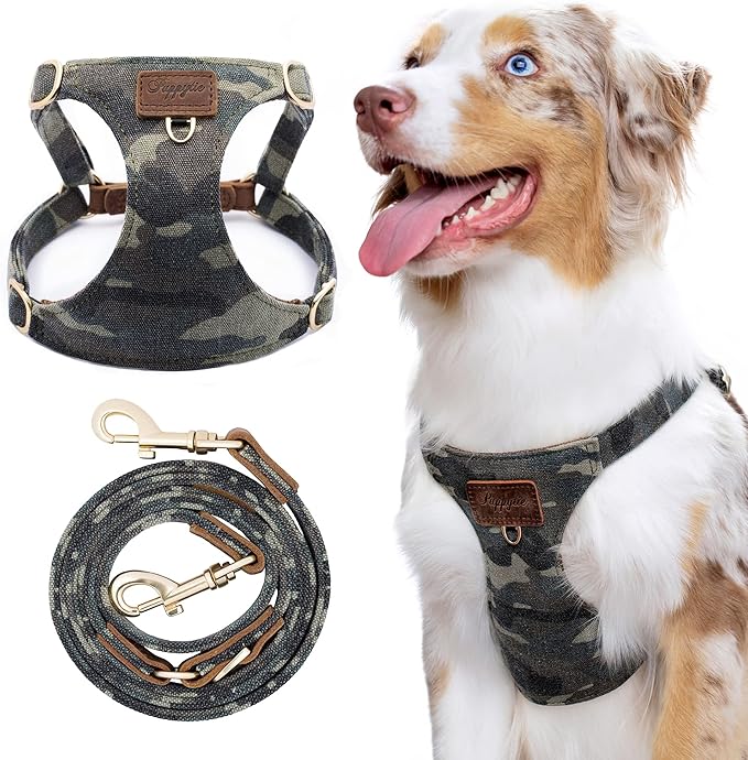 Dog Harness, No Pull Dogs Harness and Multi-Function Leash Set for Medium Dogs Easy Walk Everyday Adjustable Soft Dog Vest Harness Fashionable Dog Accessories Camouflage Green-Relaxed Medium