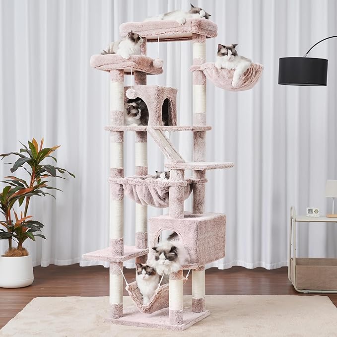 Heybly Cat Tree, 71-Inch-Tall Tower for Indoor Cats with 2 Perches, 2 Big Condos, 2 Hammocks, Basket, Scratching Pad, Large Cat Furniture and Condo, Mushroom HCT034MU