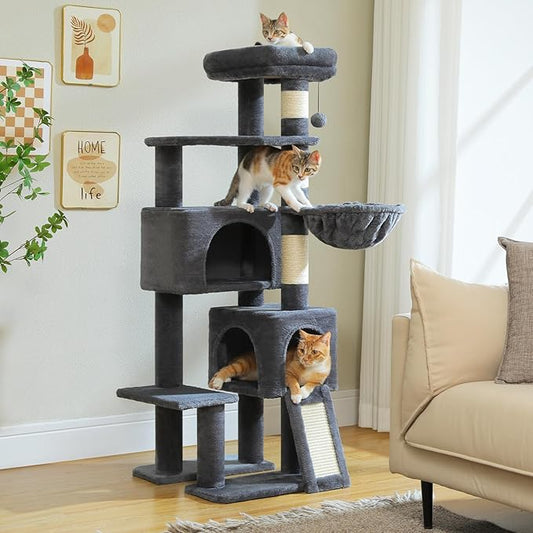 PAWZ Road Cat Tree, 51.6 Inches Cat Tower with Dual Condos, Spacious Perch, Cozy Basket and Sisal-Covered Scratching Posts for Small Cats and Kittens- Dark Gray