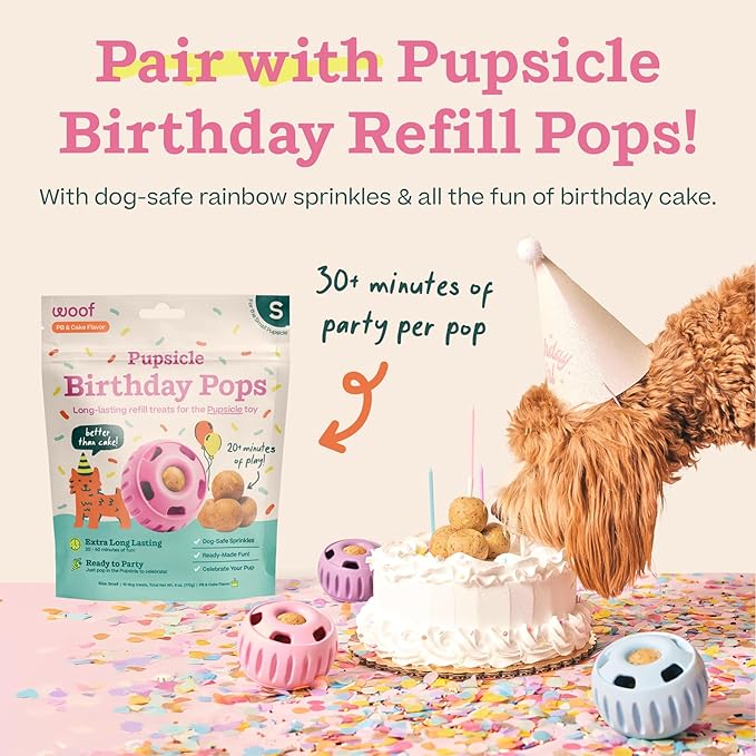 WOOF Party Pupsicle - Long-Lasting Interactive Dog Toys for Boredom - Low-Mess Design - Birthday Gifts for Dogs - XL Dog Toys - Party Pink