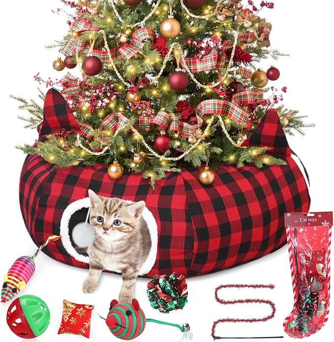Christmas Cat Tunnel Bed with 8 Cat Toys Fluffy Plush Dog Tunnel Bed with Washable Cushion and Dangling Balls 3FT Multifunctional Playground for Small Medium Large Rabbit(Plaid,Red)