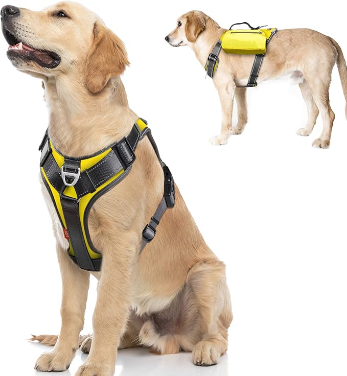 Fida Dog Harness, Multi-Functional No-Pull Pet Vest Harness with Saddle Bags Backpack, Front Leash Clip, Adjustable Soft Padded Reflective No-Choke Dog Vest Heavy Duty for Large Dog, L, Yellow