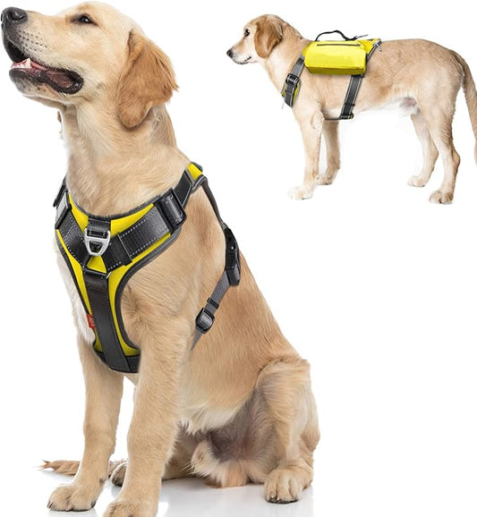 Fida Dog Harness, Multi-Functional No-Pull Pet Vest Harness with Saddle Bags Backpack, Front Leash Clip, Adjustable Soft Padded Reflective No-Choke Dog Vest Heavy Duty for Large Dog, L, Yellow