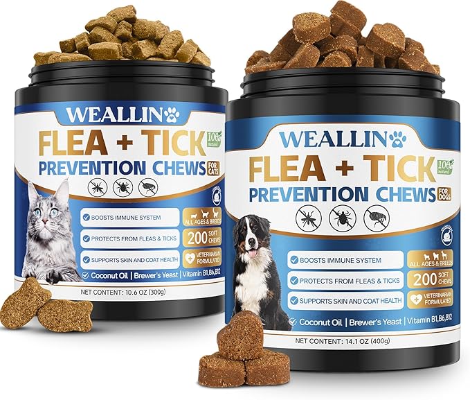 Flea and Tick Prevention Chews for Dog&Cats, Flea and Tick Prevention for Dogs, Flea and Tick Prevention for Cats, 200 Soft Chews, Chicken Flavor, Natural Flea and Tick Treatment