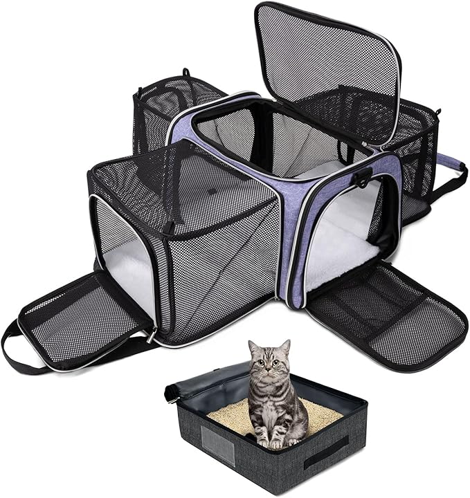 BAGLHER Expandable Cat Carrier with Travel Litter Box, Pet Travel 5 Sides Open Doors 3 Sides, Leak-Proof and Collapsible, for Car, Airplane Trip, Purple