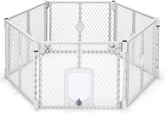 MyPet Petyard Passage: 5.5 Ft. Wide Customizable Folding Dog Playpen with Passage Flap-Door for Indoor/Outdoor. Made in USA. 6-Panel Puppy Playpen. Freestanding Play Pen Dog Gate 26" Tall, Light Gray