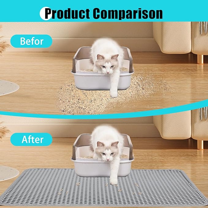Cat Litter Mat, Kitty Litter Collector, Double Layered Honeycomb Design Waterproof, Anti Urine, Anti Slip, Easy to Clean, Limit Garbage (26"x46.5", Grey)