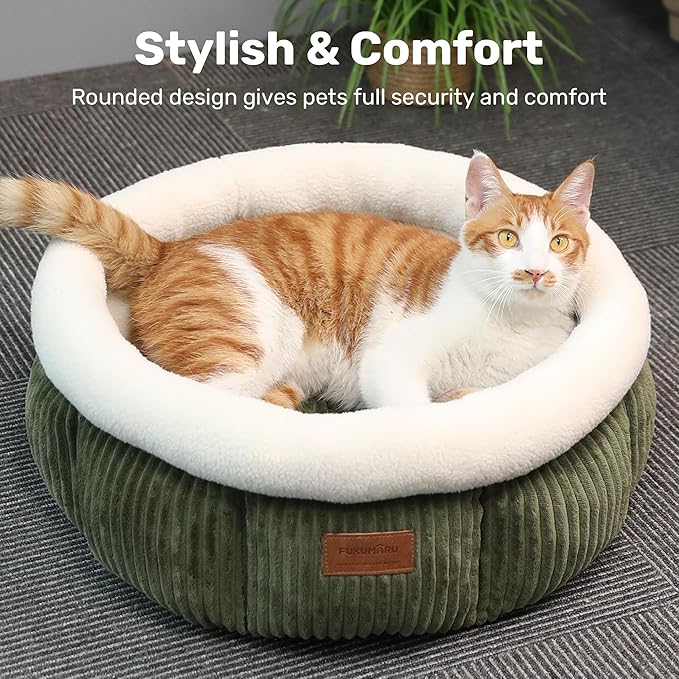 FUKUMARU Cat Bed, Corduroy Round Cat Beds for Indoor Cats, Washable Fluffy Pet Bed for Cats and Puppy, Soft Cute Small Dog Beds, Green