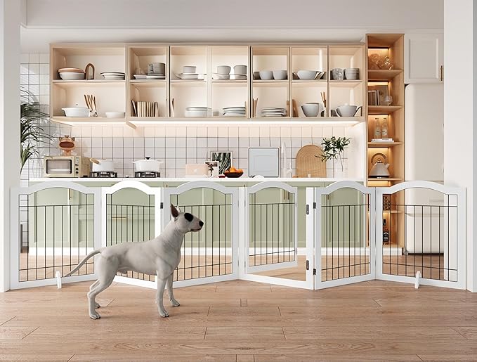 Vantas Folding No-Assembly Dog Door Pet Gate 144" Wide, 30" Tall Wooden Dog Gate with Door Walk Through, Freestanding Wire Pet Gate, Pet Puppy Safety Fence, with 2PCS Support – White
