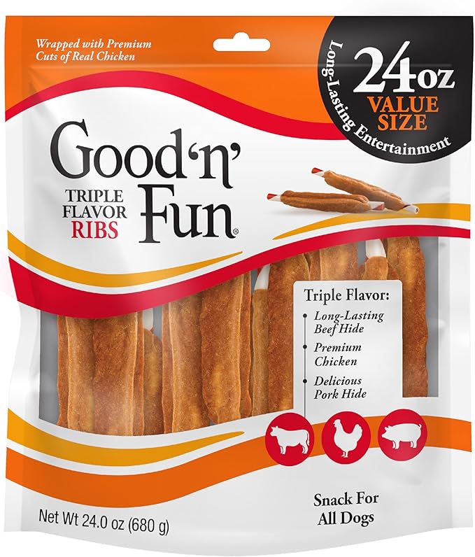 Good 'n' Fun Triple Flavor Ribs Chews for All Dogs, 24 Ounces, Treat Your Dog to Long-Lasting Chews Made with Beef Hide, Chicken and Pork Hide