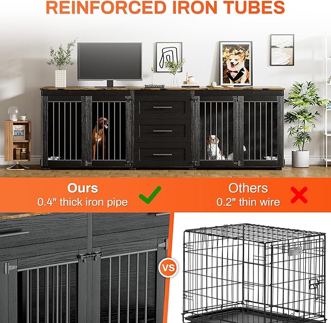 Rophefx 94.5" Dog Crate Furniture for 2 Dogs, Large Dog Kennel Furniture with 3 Storage Drawer, Wooden Dog Cage with 4 Bowls, Indoor Dog House TV Stand with Locks for Large Medium Dog, Black