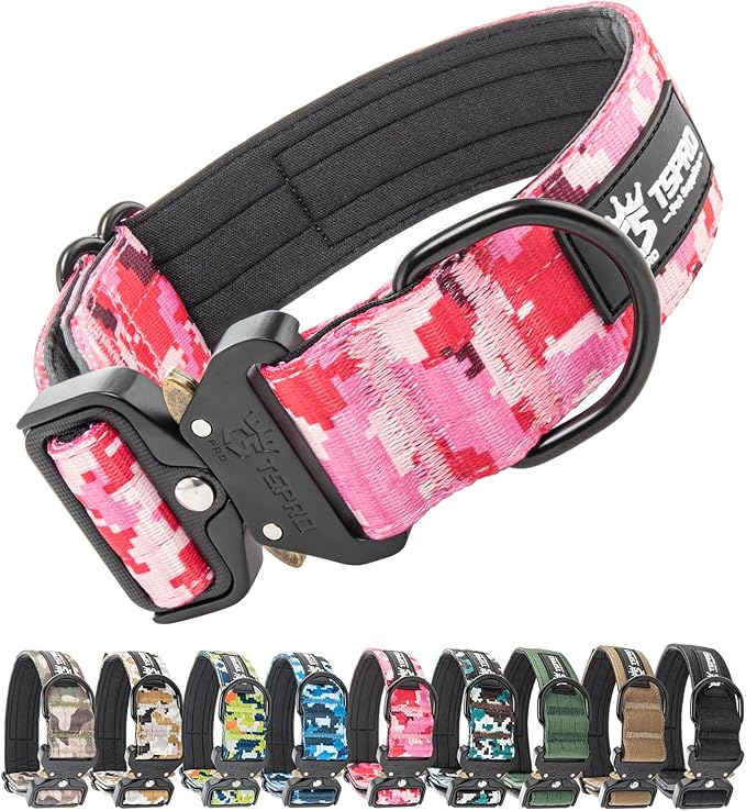 TSPRO Premium Dog Collars Tactical Dog Collar with Patch and Heavy Duty Quick-Release Metal Buckle Durable Thick and Adjustable for Medium to Large Dogs (Camo Pink L)