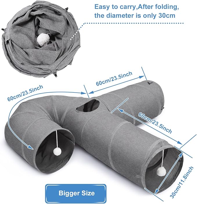 Ownpets Cat Tunnel 12 Inches in Diameter Larger Pet Tunnel Tube with Plush Ball & Feather Toy, U-Shaped Cat Play Tunnel for Big Cat, Puppy and Rabbits