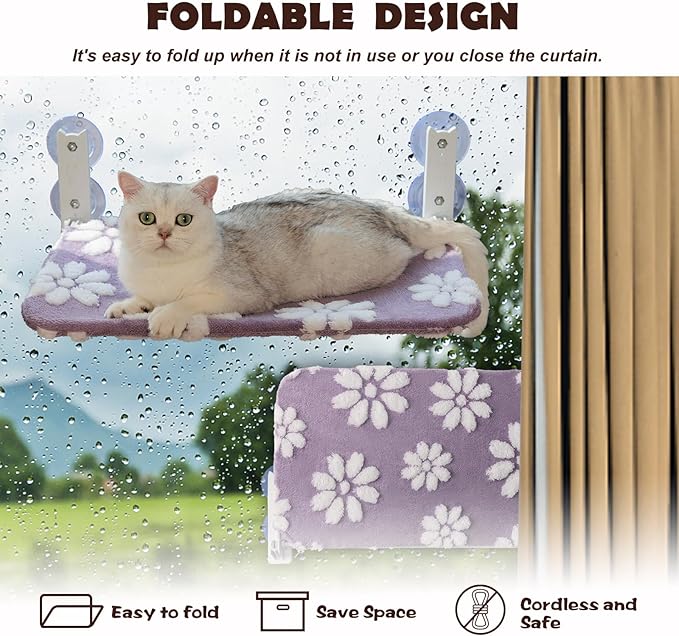 Cat Window Perch, Foldable Cat Window Hammock with Cute 3D Textured Flower Cover, Breathable Mesh Cover and Strong Suction Cups, Cordless Window Seat Bed for Indoor Cats (Purple, Medium)