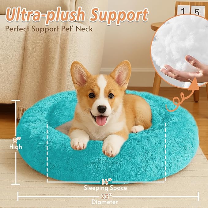 JOLLYVOGUE Calming Dog & Cat Bed for Small Dogs, Anti-Anxiety Donut Cuddler Cozy Soft Round Bed with Anti-Slip Bottom, Fluffy Faux Fur Plush Cushion Beds for Small Medium Pets (23")