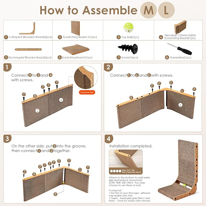 EHEYCIGA Cardboard Cat Scratcher for Indoor Kitten Cats, 19 Inch L Shaped Vertical Cat Scratching Board with Ball Cat Toy, Small Cat Scratcher Pad, Brown