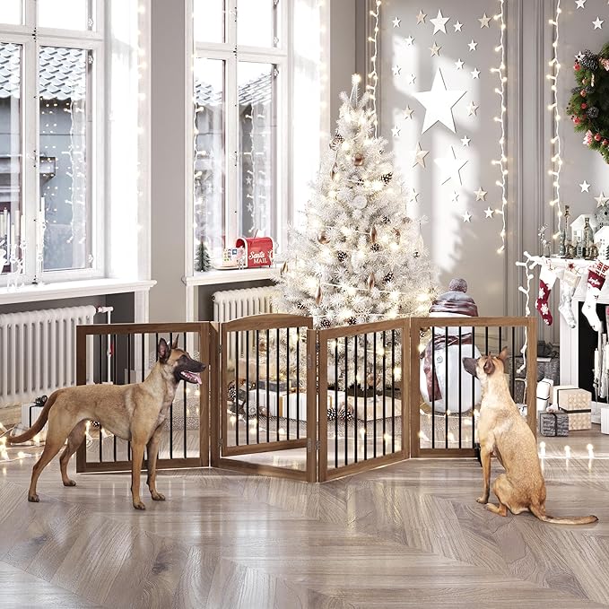 Vantas Folding Pet Gate 96" Wide, 30" Tall No-Assembly Wooden Dog Gate with Door Walk Through, Freestanding Pet Gate, Puppy Safety Fence, with 2PCS Support - Brown