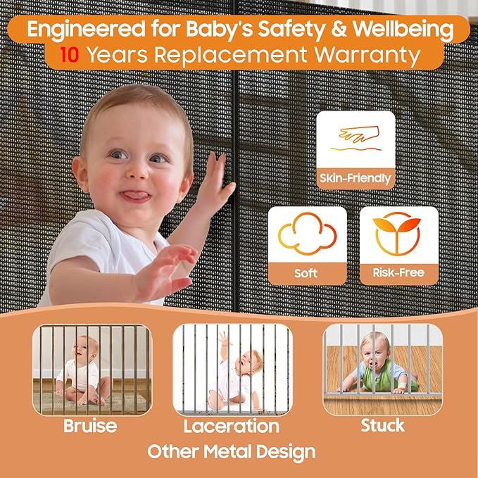 160" Retractable Baby Gates, 42" Extra Tall Upgraded Baby Gate with Reinforced Strip Design, Prevent from Crawling Underneath, Extra Wide Dog Gate Baby Gates for Stairs Doorways Indoor Outdoor