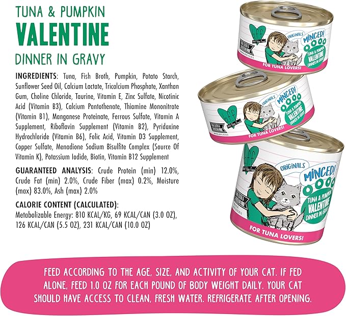 Weruva BFF Minced Natural Wet Cat Food, Tuna and Pumpkin Valentine in Gravy, 10oz Can, Pack of 12