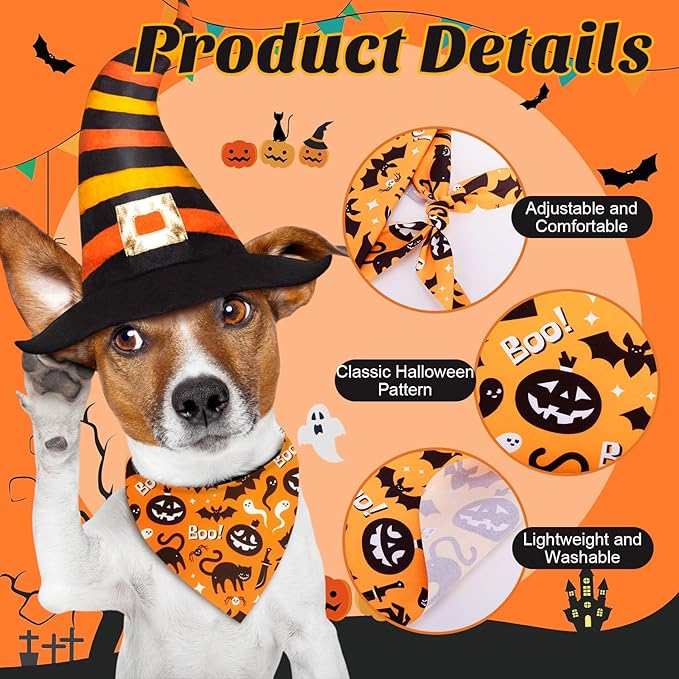 Sanwuta 100 Pcs Halloween Dog Bandanas Bulk and Collar Bow Ties Set 50 Bandanas 50 Charm Dog Collar Pet Ghost Pumpkin Spider Bones Triangle Pet Scarf Bowtie for Small Medium Large Costume