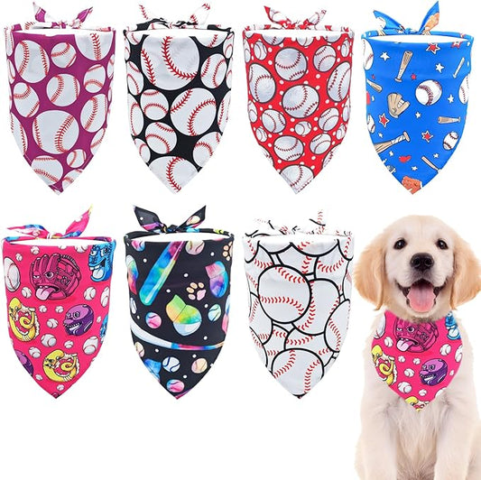 7 PCS Medium Baseball Dog Bandanas Hemming Seam Edge Dog Bandana for Small Dogs Print One Side Large Cats Scarfs Game Day Grooming M