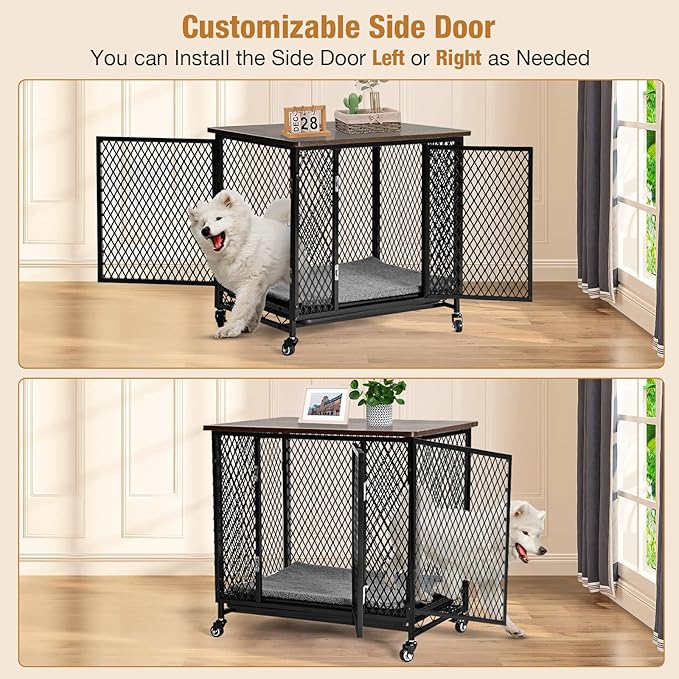 Dog Crate Furniture with Cushion, Wooden Dog Crate Table, Modern Kennel for Dogs Indoor, Heavy-Duty Dog Cage with Multi-Purpose Removable Tray, 27.2" L