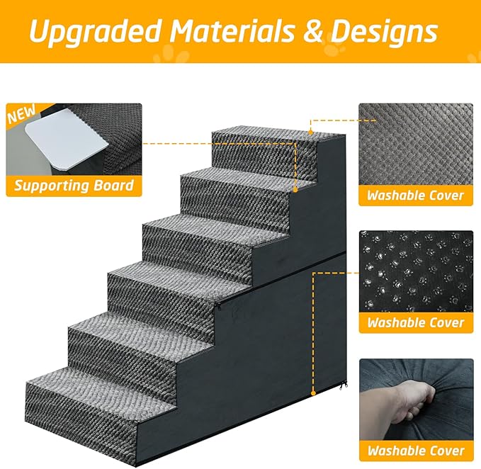 28" H Dog Stairs for Small and Medium Dogs 6-Step Ramps for High Beds and Couch Non-Slip Extra Wide Pet Stairs for Old Dogs and Puppy and Cat - Stable & Durable with Machine Washable Cover Indoor