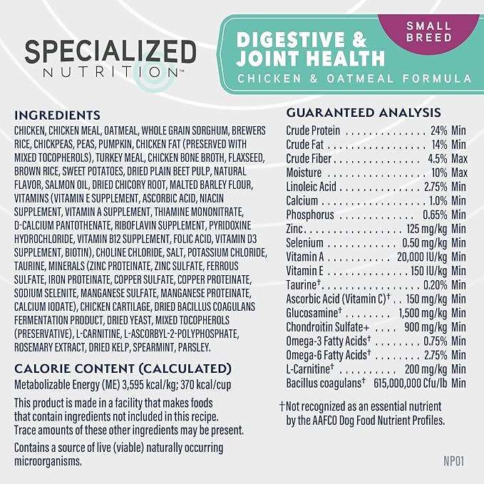 Natural Balance Specialized Nutrition Dry Dog Food with Chicken and Oatmeal for Dogs, Small Breed Digestive & Joint Health, Natural Ingredients with Added Vitamins & Minerals - 3.5 lbs