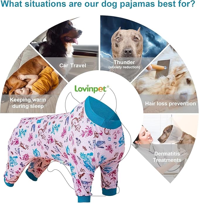 LovinPet Dog Pajamas Bodysuit for Giant Dogs, Pet Anxiety CalmingShirt, Lightweight Post Surgery Dog Pajamas, Garden Print, Pitbull Clothes, 4 Legged Style Pullover Dog Onesie, Large