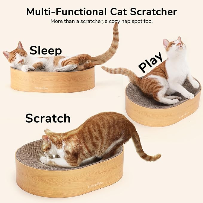FUKUMARU Cat Scratcher Cardboard Lounge Bed, 2-in-1 Cat Scratch Pad, Oval Cats Scratching Board Indoor, Durable Modern Kitty Scratcher Bowl, Cats Scratch Furniture Protector, Wood Color