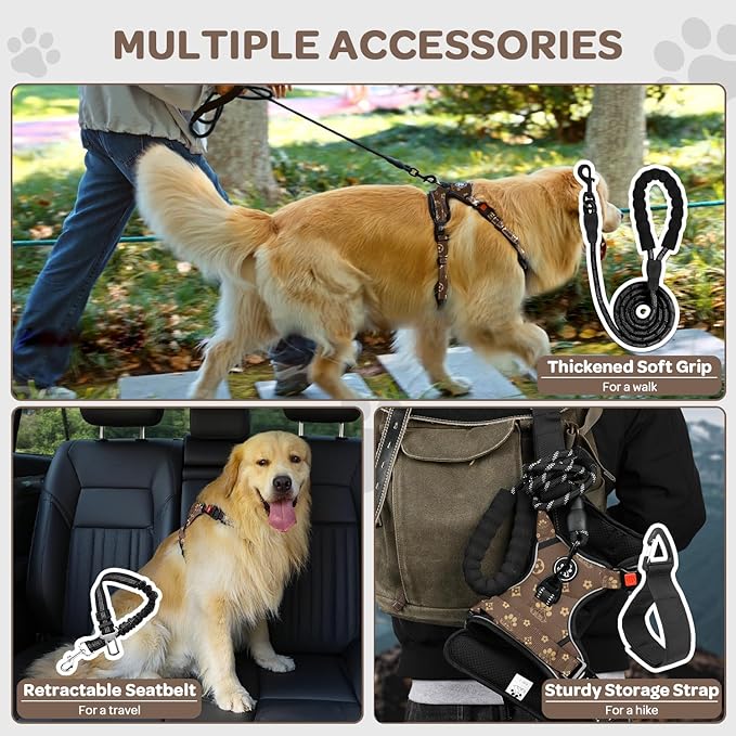 FURRYFECTION Dog Harness | No Pull Dog Harness | Reflective Oxford | Padded Handle | 4 Adjustable Straps | 2 Leash Clips | No Choke Pet Vest Harness for Small Medium Large Dogs | Dark Brown | L