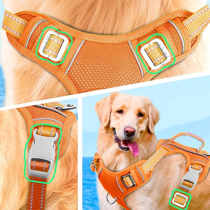 BARKBAY No Pull Dog Harness Large Reflective Dog Harness with Front Clip and Easy Control Handle for Walking Training Running with ID tag Pocket(Orange,S)