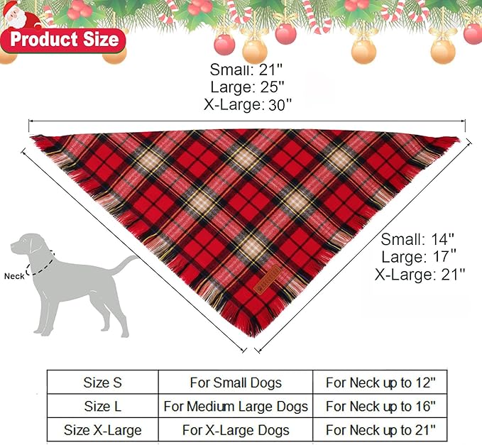 ADOGGYGO Christmas Dog Bandanas with Tassels Edges, Stylish Plaid Xmas Scarf Bib, Red Green Plaid Christmas Bandanas for Small Dogs (Small)