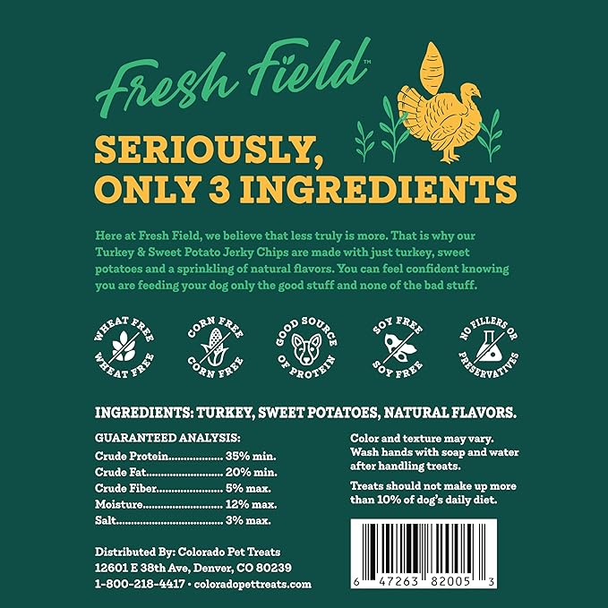 Fresh Field Turkey & Sweet Potato Jerky Chips, 14 oz – All-Natural Dog Treats, USA Made, Ideal for Allergies & Weight