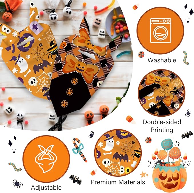 Halloween Dog Bandanas 2 Pcs, Pet Scarf for Dog Girl Boy, Spooky Triangle Puppy Scarf Kerchief Bandana Pet Dogs On Halloween, Ghost Pumpkin Bat Print Gifts for Dogs Lovers (Medium)