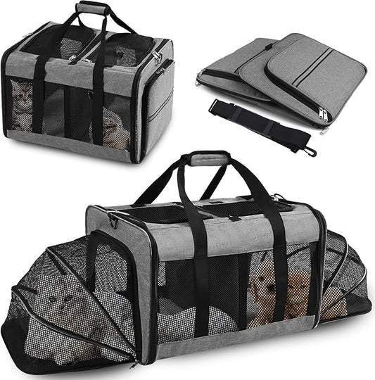 Portable 2-in-1 Pet Carrier,Double Compartment Cat & Dog Carrier for 2 Cats,Expandable Medium Dogs Large Cat Carrier with Sturdy Base,Breathable,Good for Traveling Walking Camping（Grey）
