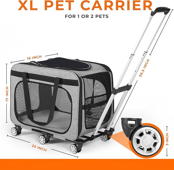 XL Cat & Small Dog Carrier | 25" L x 16" W x 17" H - up to 40 lbs - NOT TSA Compliant - Small Dogs or Large Cat Carrier with Wheels - Extending Handle, 360° Rotation Wheels & Extra Ventilation