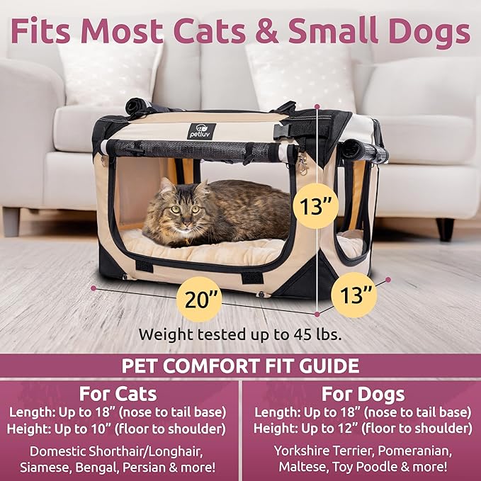 Soft-Sided Cat & Dog Pet Carrier, Medium 20"x13"x13" Fits Most Cats or Small Dog, Comfortable for Travel & Vet Visits, Privacy Windows, Removable Plush Bed, Top/Side Entry, Locking Zippers, Folds Flat
