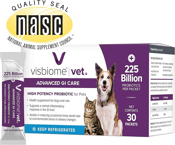 Visbiome® Vet Advanced GI Care Probiotic for Dogs & Cats – 225B CFU, 8-Strain Formula – Veterinarian Recommended, Clean Label Certified – 30 Packets