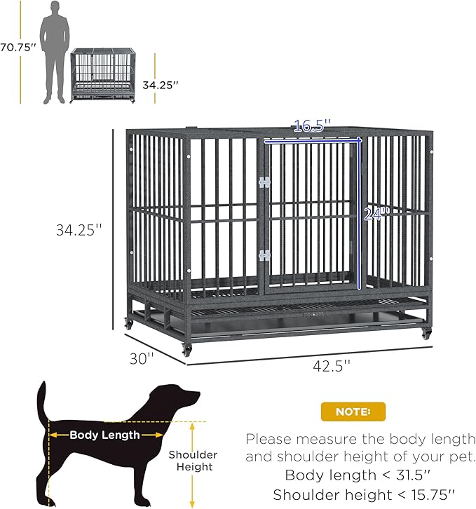 PawHut 43" Heavy Duty Dog Crate Metal Cage Kennel with Lockable Wheels, Double Door and Removable Tray, Gray
