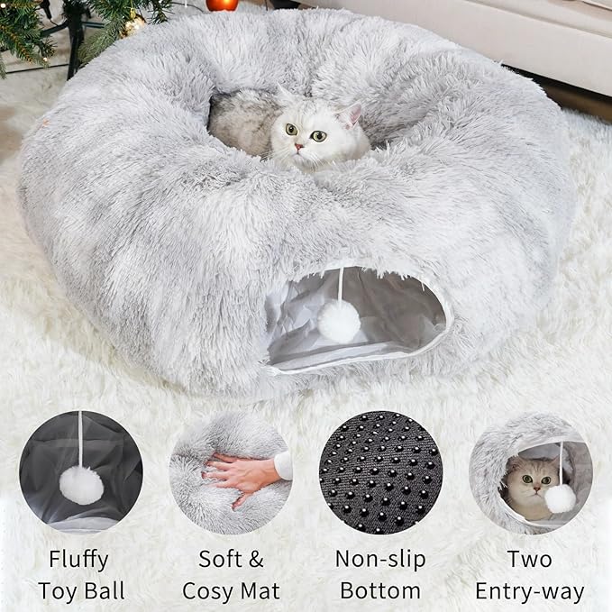 Cat Tunnels for Indoor Cats, Cat Tunnel Bed with Washable Cushion, Collapsible Cat Donut Tunnel for Medium & Large Cat, Peekaboo Cave Toy, Tie-dye Gray
