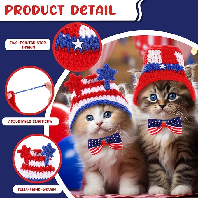 Ganeen 4 Pcs Independence Day Cat Costume 4th of July Pet Hat Headband American Flag Bow Tie Dog Cap USA Small Animal Top Hats National Day Bowtie Collar Costume for Rabbits Kittens Guinea Puppies