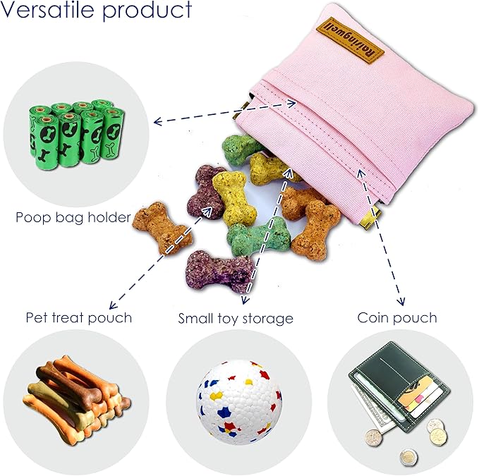 Dog Treat Pouch, Small Cotton Pocket Sized Training Holder, Hand Free Walking Fanny Bag with Carabiner, Self-Closing Pet Feed Snack Reward, Behavior Aids for Puppy Travel or Outdoor (Pink)